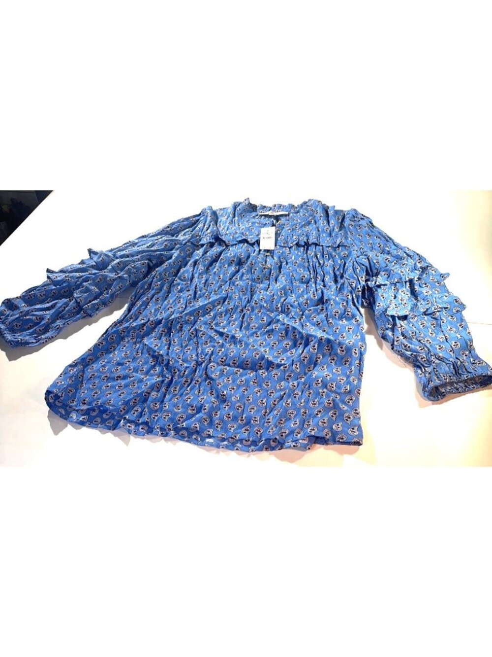 Loft Womens Blue Paisley Button-Front Blouse With Ruffled Long Sleeves - Size M